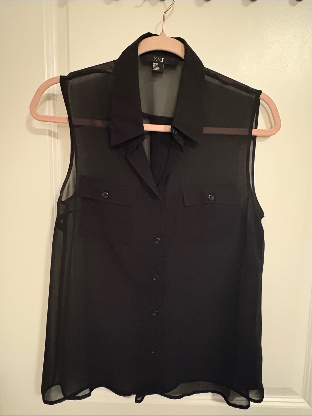 Black Sleeveless Sheer Button-Down Shirt